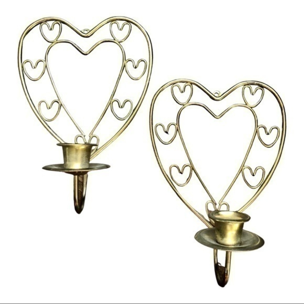 Vintage / Antique Cottagecore Heart Shaped Brass Candle Holder Sconces Decor Set